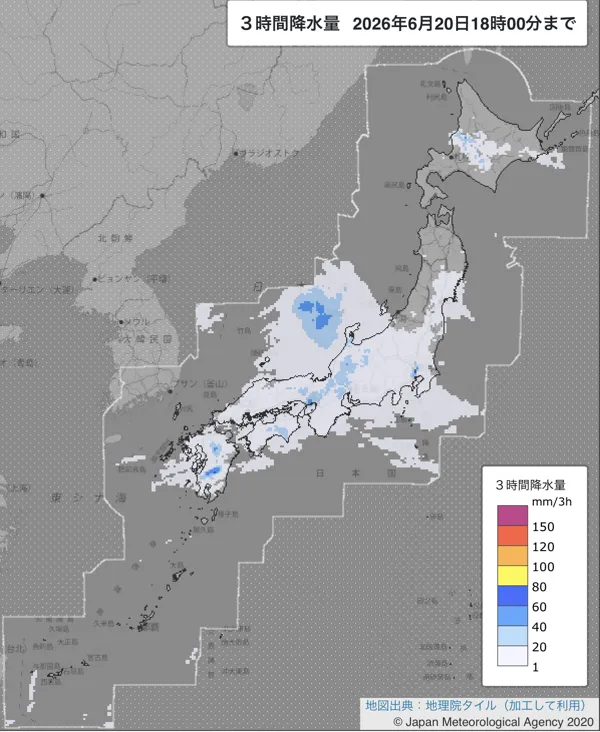 2026年6月20日15〜18時の日本周辺の3時間解析降水量