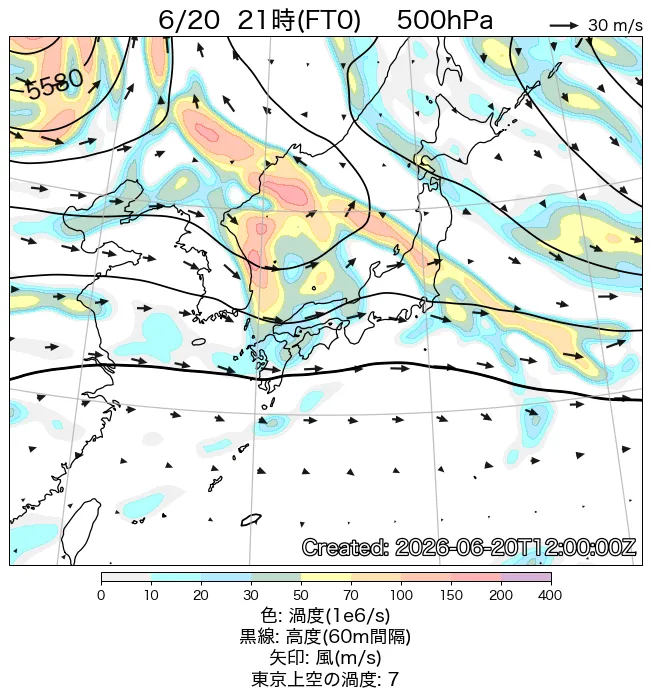 2026年6月20日の日本周辺の500hPa天気図（21時）