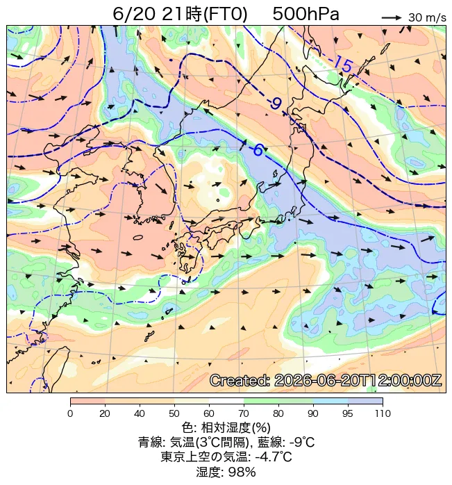 2026年6月20日の日本周辺の500hPa天気図（21時）