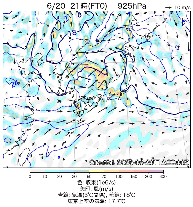 2026年6月20日の日本周辺の925hPa天気図（21時）