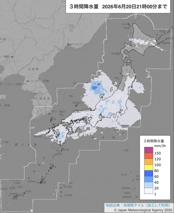 2026年6月20日18〜21時の日本周辺の3時間解析降水量