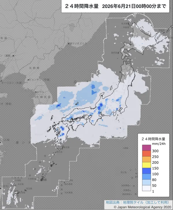 2026年6月20日の日本周辺の日解析雨量の図