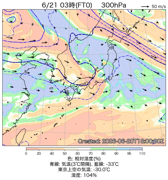 2026年6月21日の日本周辺の300hPa天気図（3時）