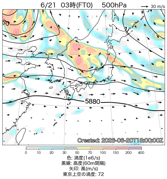 2026年6月21日の日本周辺の500hPa天気図（3時）