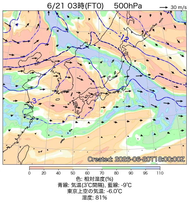 2026年6月21日の日本周辺の500hPa天気図（3時）