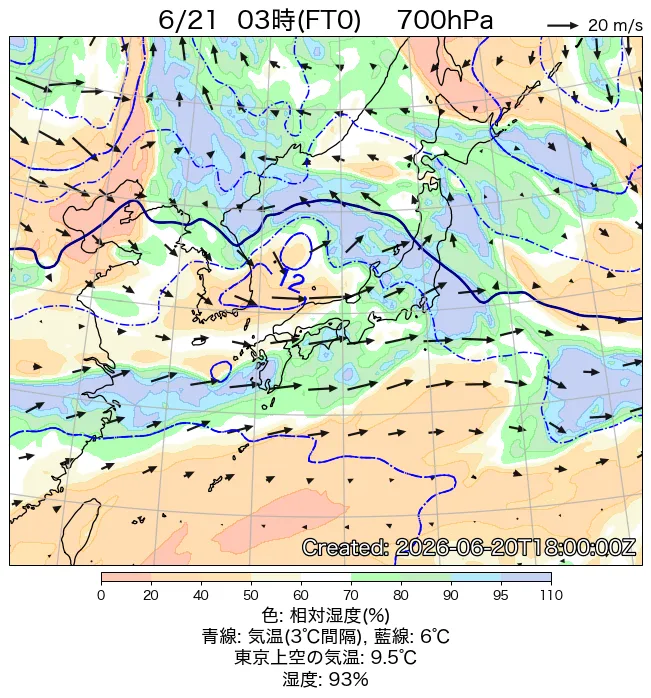 2026年6月21日の日本周辺の700hPa天気図（3時）