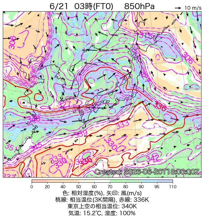 2026年6月21日の日本周辺の850hPa天気図（3時）