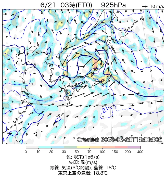 2026年6月21日の日本周辺の925hPa天気図（3時）