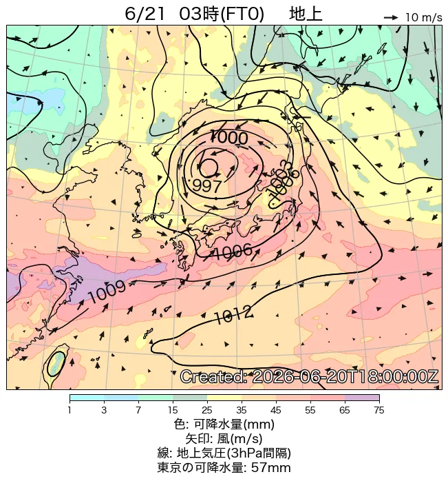 2026年6月21日の日本周辺の地上天気図（3時）