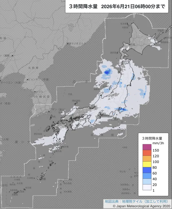 2026年6月21日3〜6時の日本周辺の3時間解析降水量