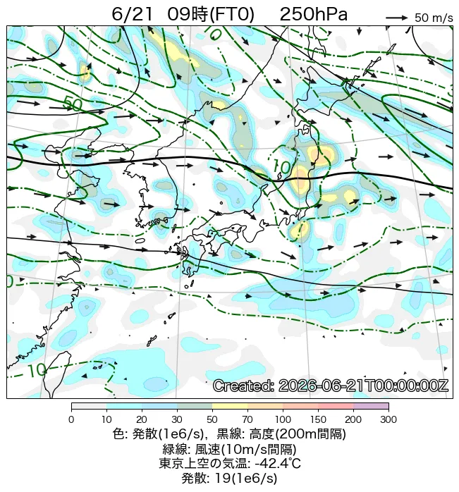 2026年6月21日の日本周辺の250hPa天気図（9時）