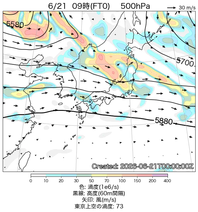 2026年6月21日の日本周辺の500hPa天気図（9時）