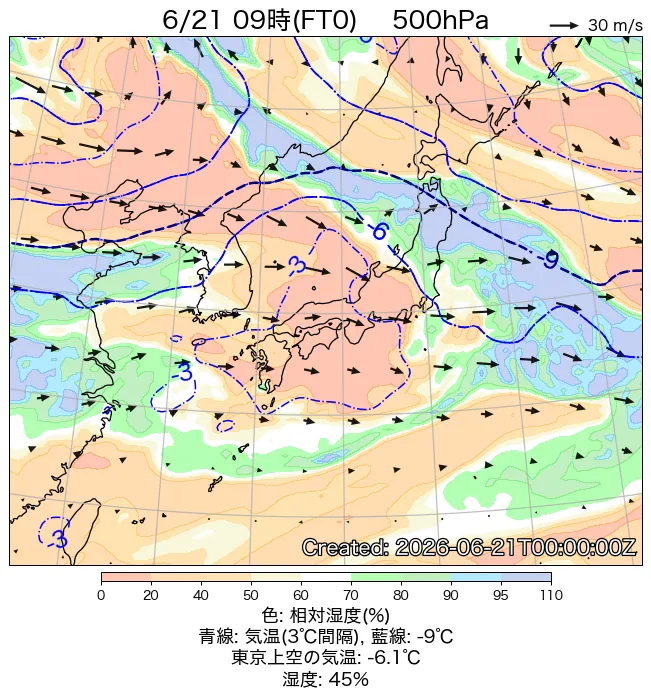 2026年6月21日の日本周辺の500hPa天気図（9時）