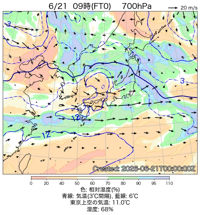 2026年6月21日の日本周辺の700hPa天気図（9時）