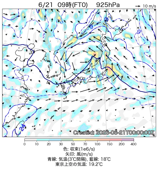 2026年6月21日の日本周辺の925hPa天気図（9時）