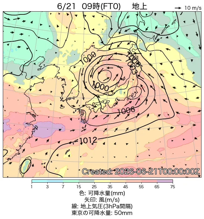 2026年6月21日の日本周辺の地上天気図（9時）
