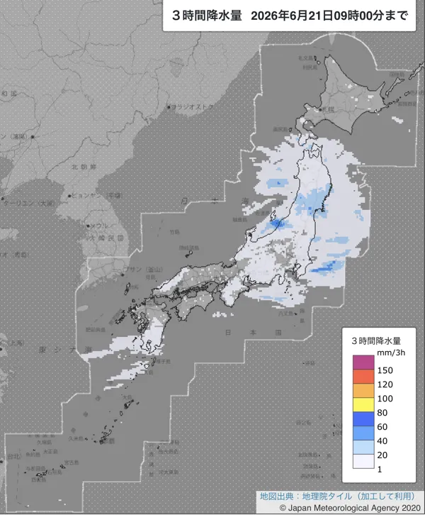 2026年6月21日6〜9時の日本周辺の3時間解析降水量