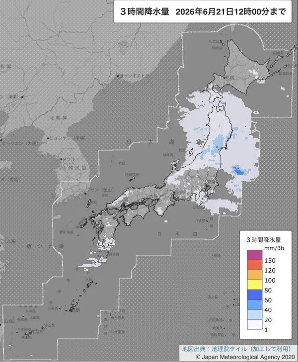 2026年6月21日9〜12時の日本周辺の3時間解析降水量