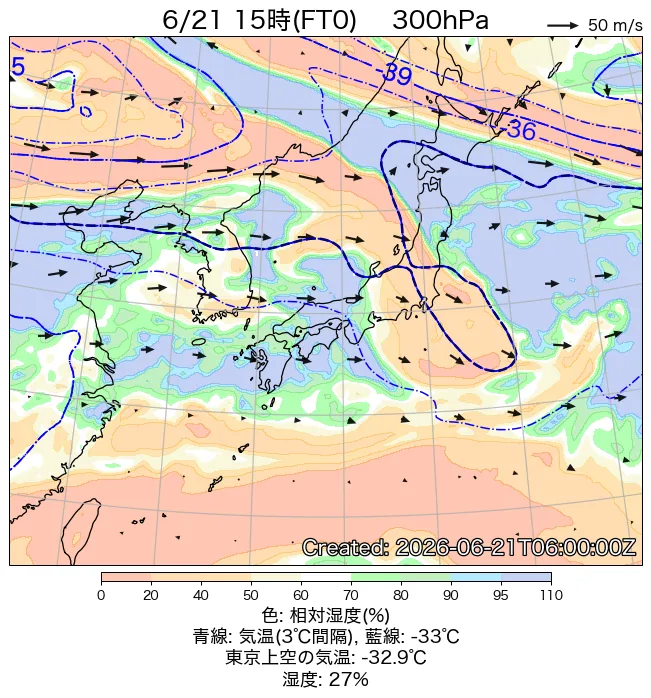2026年6月21日の日本周辺の300hPa天気図（15時）