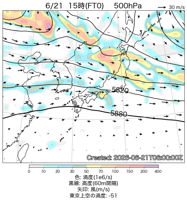 2026年6月21日の日本周辺の500hPa天気図（15時）