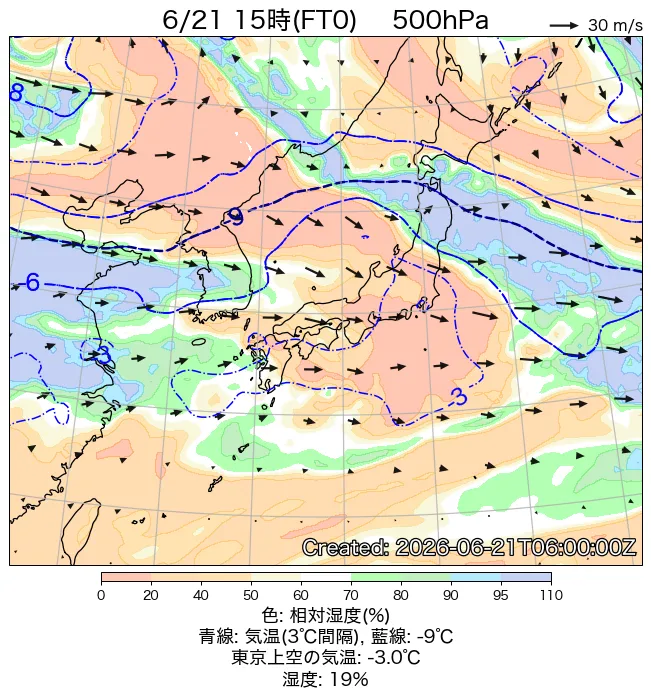 2026年6月21日の日本周辺の500hPa天気図（15時）