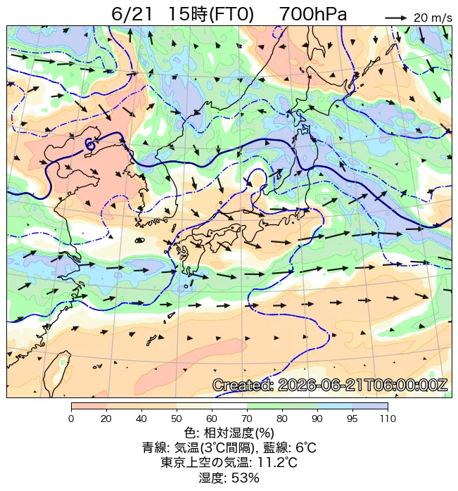 2026年6月21日の日本周辺の700hPa天気図（15時）