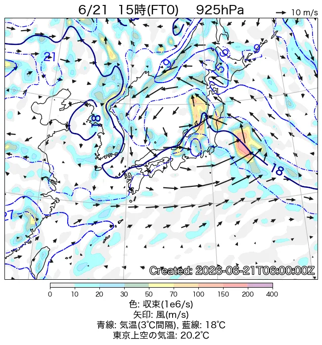 2026年6月21日の日本周辺の925hPa天気図（15時）