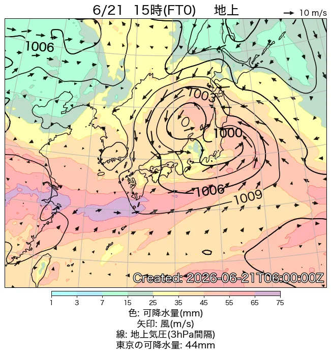 2026年6月21日の日本周辺の地上天気図（15時）