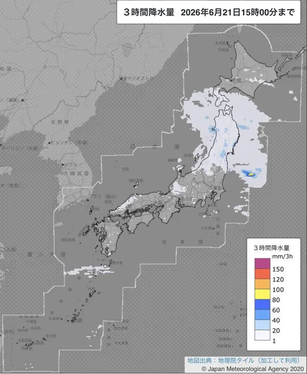 2026年6月21日12〜15時の日本周辺の3時間解析降水量