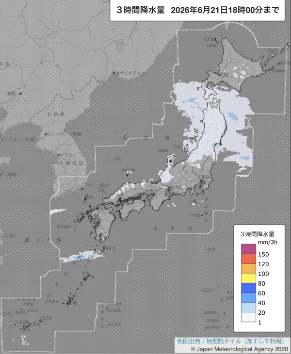 2026年6月21日15〜18時の日本周辺の3時間解析降水量