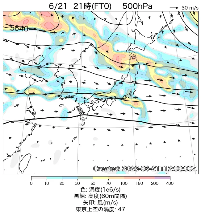 2026年6月21日の日本周辺の500hPa天気図（21時）