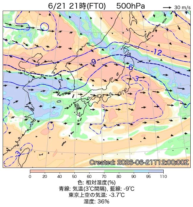 2026年6月21日の日本周辺の500hPa天気図（21時）