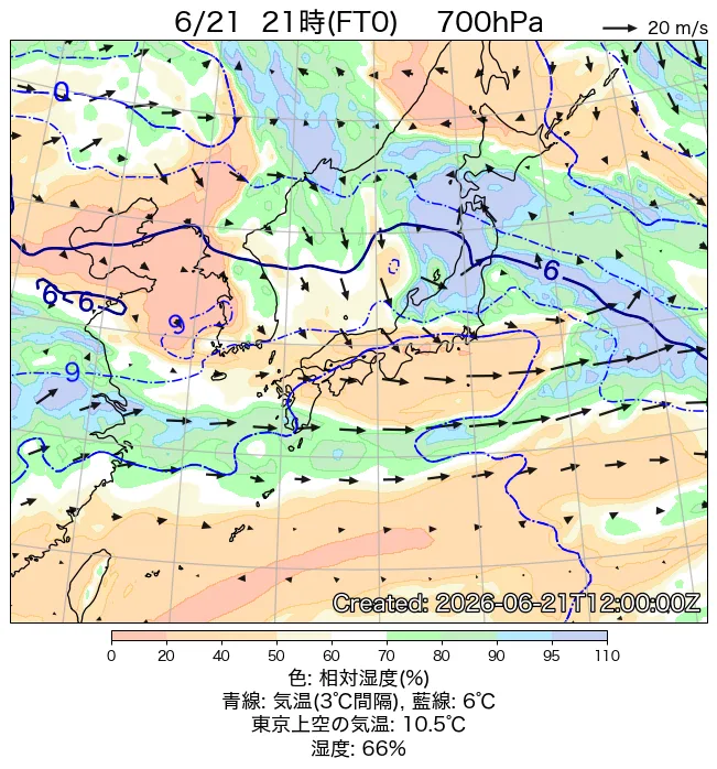 2026年6月21日の日本周辺の700hPa天気図（21時）