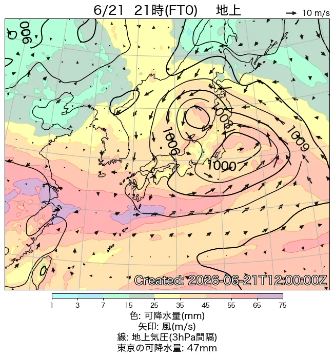 2026年6月21日の日本周辺の地上天気図（21時）