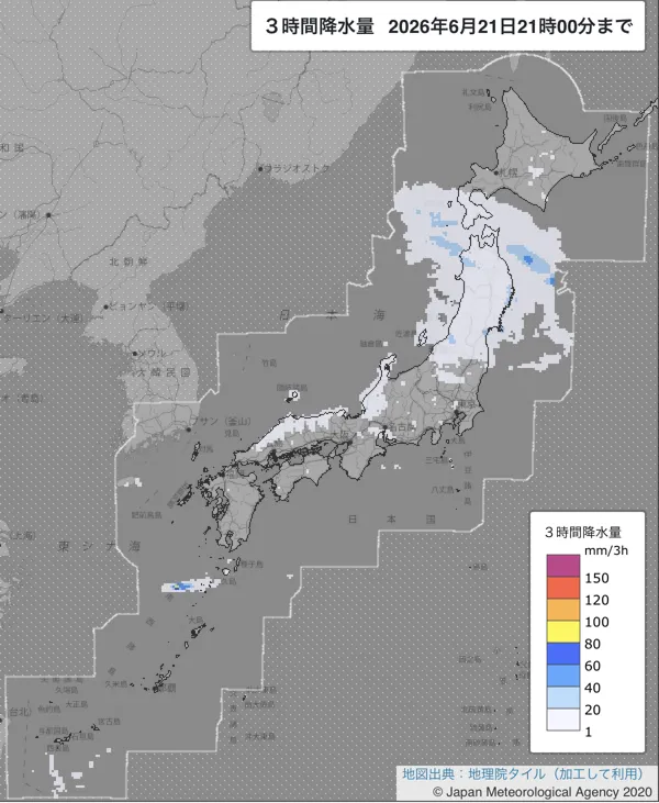 2026年6月21日18〜21時の日本周辺の3時間解析降水量