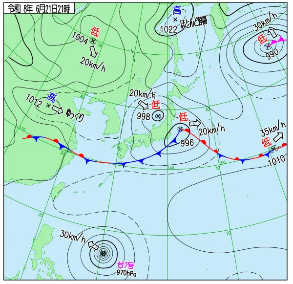 2026年6月21日21時の速報天気図