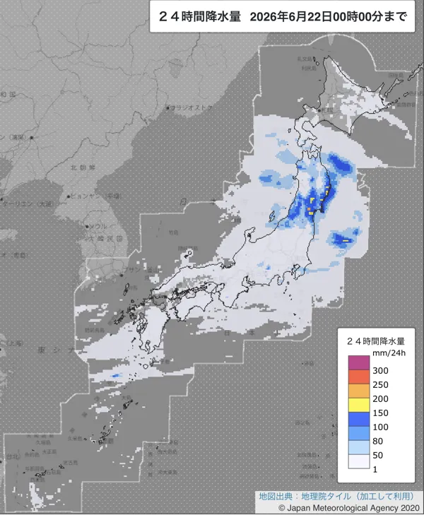 2026年6月21日の日本周辺の日解析雨量の図