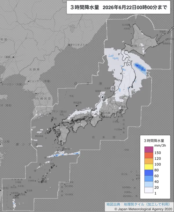 2026年6月21日21〜24時の日本周辺の3時間解析降水量