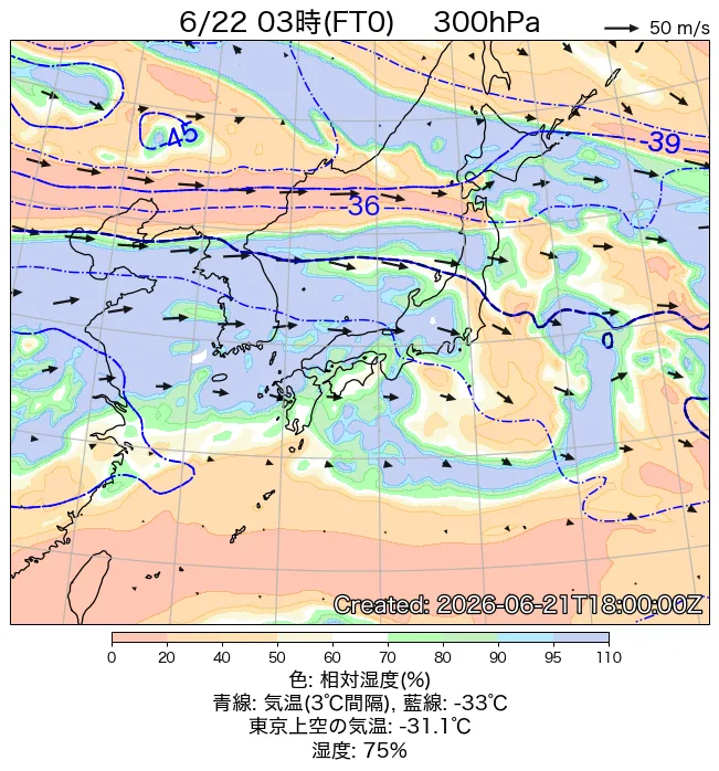 2026年6月22日の日本周辺の300hPa天気図（3時）