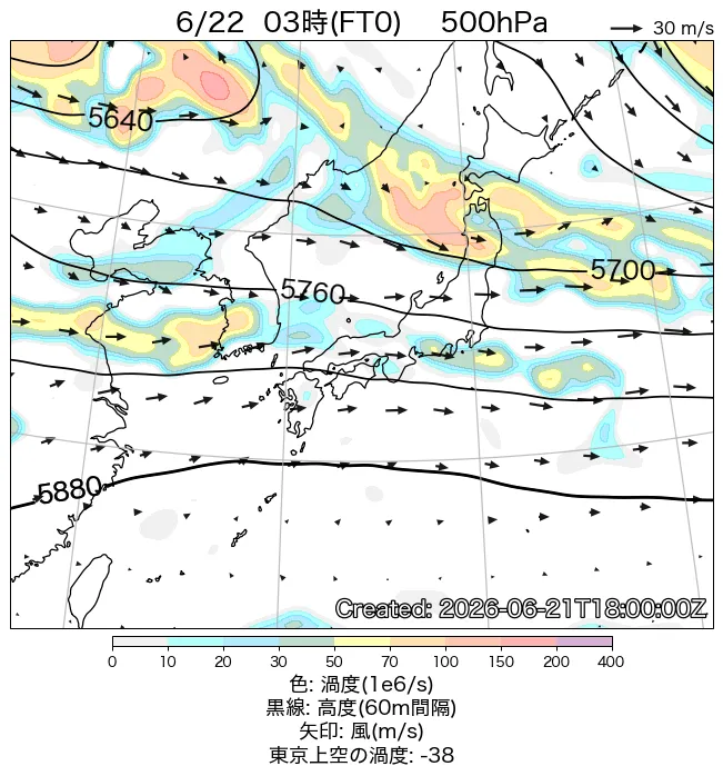 2026年6月22日の日本周辺の500hPa天気図（3時）
