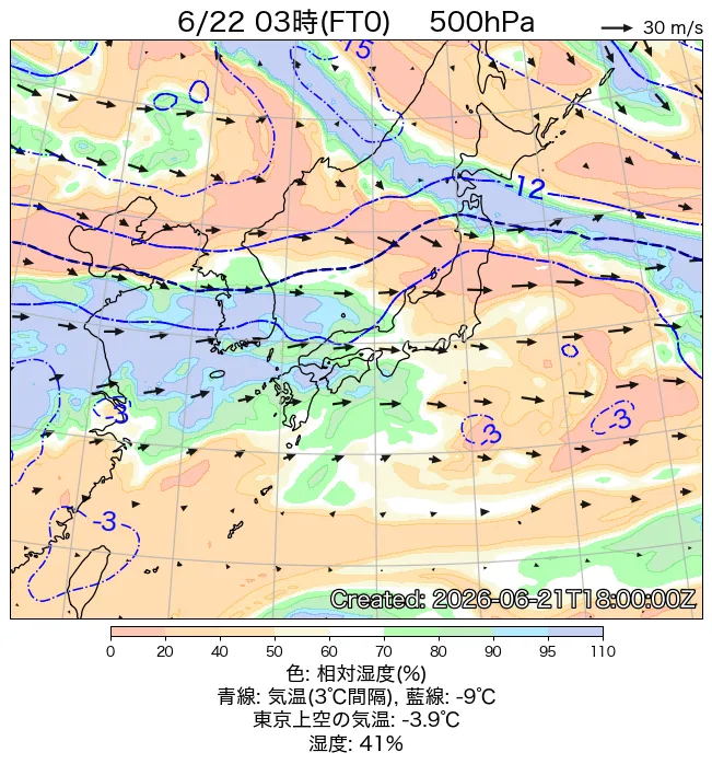 2026年6月22日の日本周辺の500hPa天気図（3時）