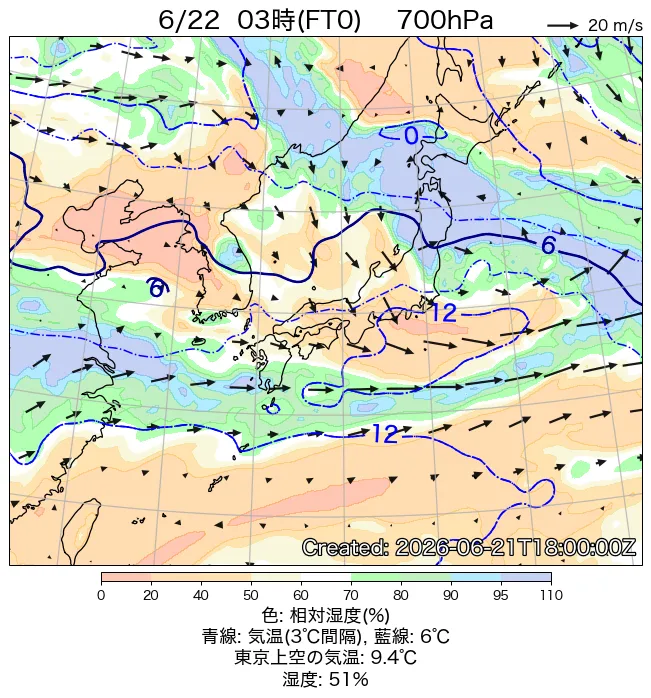 2026年6月22日の日本周辺の700hPa天気図（3時）