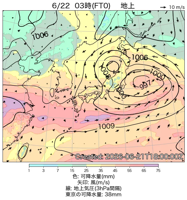 2026年6月22日の日本周辺の地上天気図（3時）