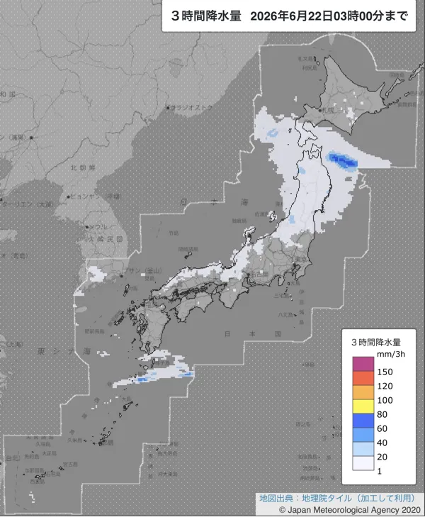 2026年6月22日0〜3時の日本周辺の3時間解析降水量