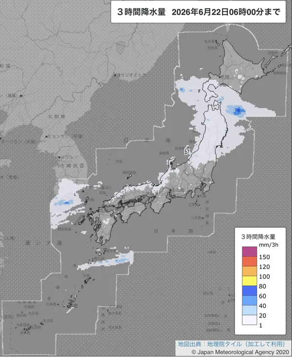 2026年6月22日3〜6時の日本周辺の3時間解析降水量