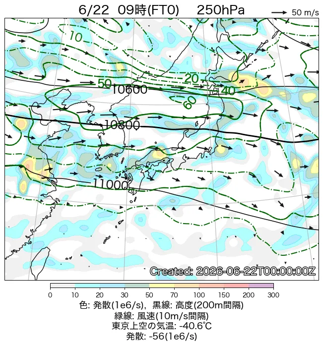 2026年6月22日の日本周辺の250hPa天気図（9時）