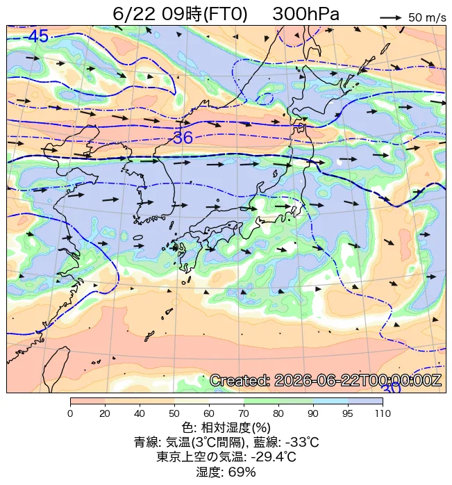 2026年6月22日の日本周辺の300hPa天気図（9時）