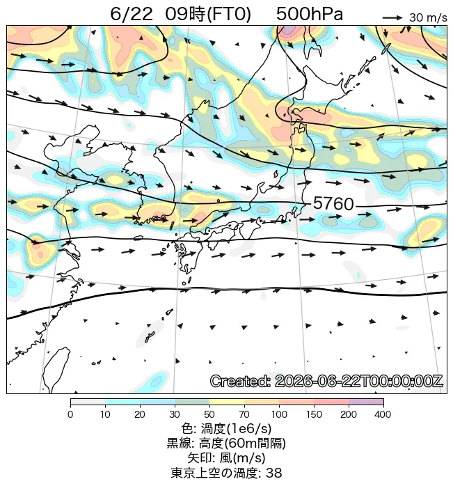 2026年6月22日の日本周辺の500hPa天気図（9時）