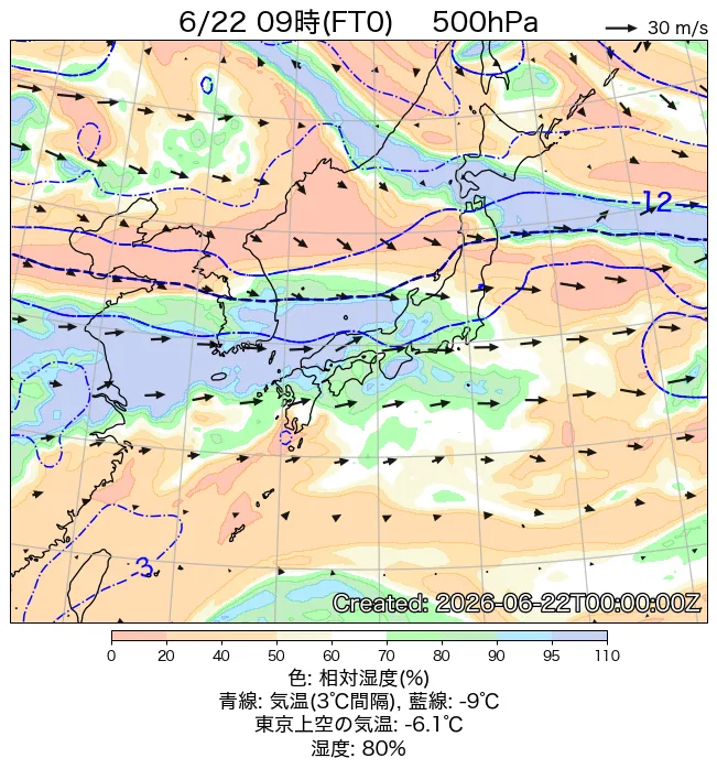 2026年6月22日の日本周辺の500hPa天気図（9時）
