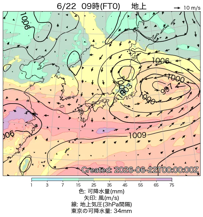 2026年6月22日の日本周辺の地上天気図（9時）
